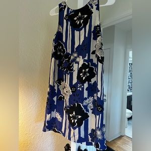 Maeve Shift Dress. Blue, black and white, silky